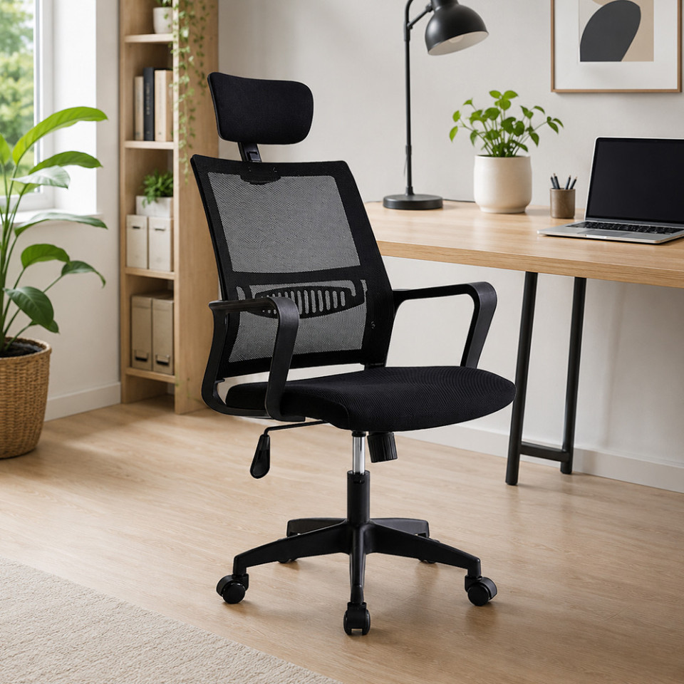 Scaun ergonomic de birou, reglabil in inaltime 108-118 cm, tetiera integrata, mesh si burete