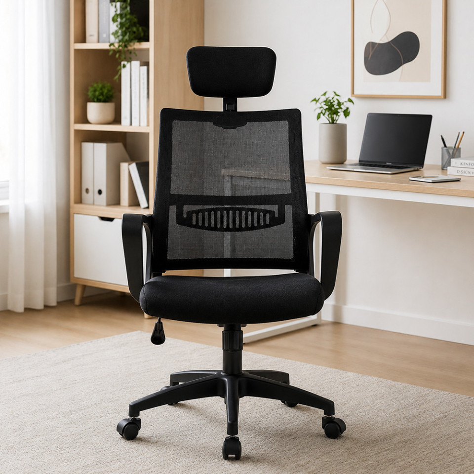 Scaun ergonomic de birou, reglabil in inaltime 108-118 cm, tetiera integrata, mesh si burete