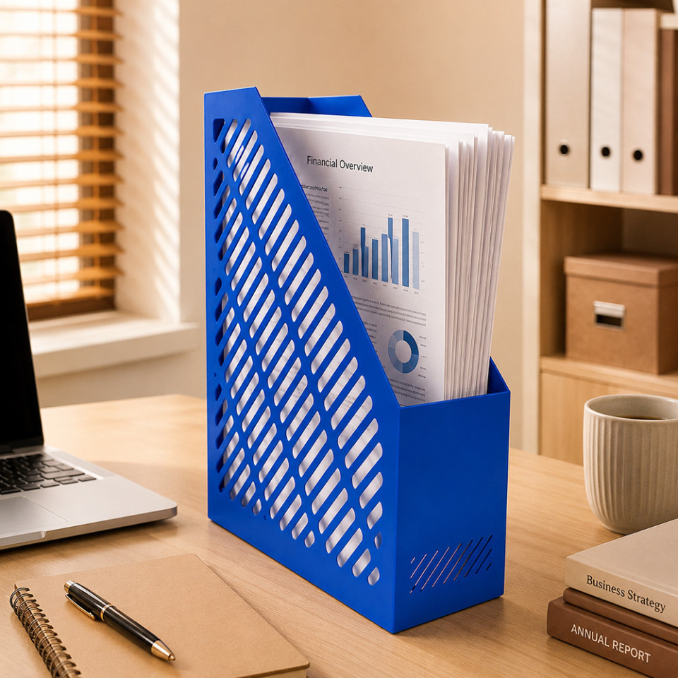 Suport documente vertical a4 albastru, organizator birou din plastic rezistent, 80 x 250 x 300 mm