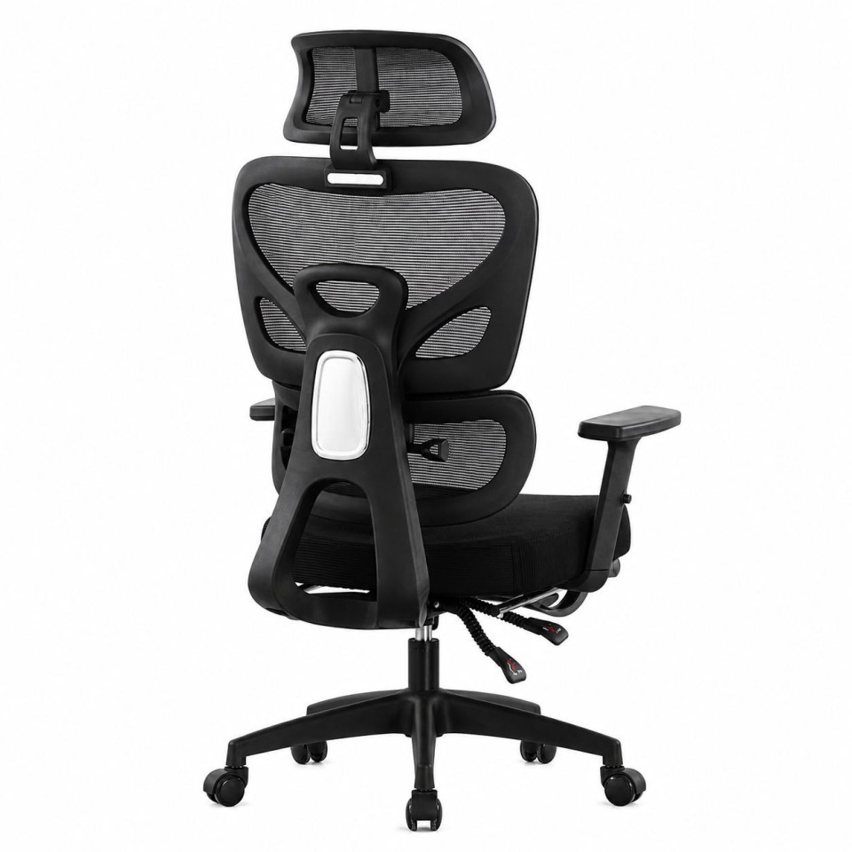 Scaun ergonomic de birou cu suport picioare retractabil, tetiera si suport lombar reglabile, mesh, negru