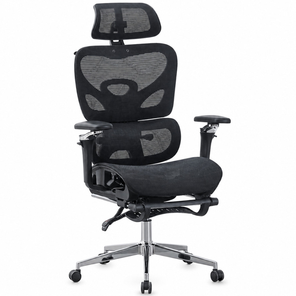Scaun ergonomic de birou, sezut reglabil pe adancime, cotiere 5d, spatar si tetiera reglabile, suport picioare, mesh culoare negru