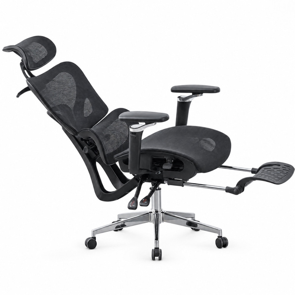 Scaun ergonomic de birou, sezut reglabil pe adancime, cotiere 5d, spatar si tetiera reglabile, suport picioare, mesh culoare negru