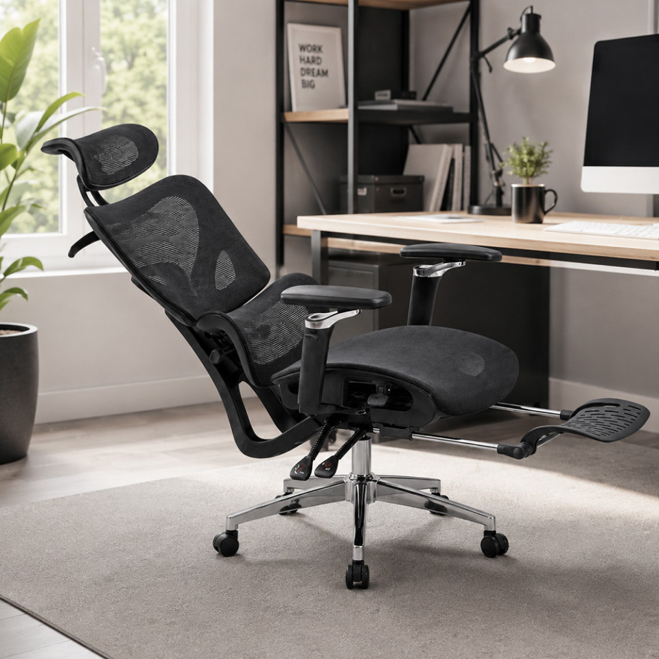 Scaun ergonomic de birou, sezut reglabil pe adancime, cotiere 5d, spatar si tetiera reglabile, suport picioare, mesh culoare negru