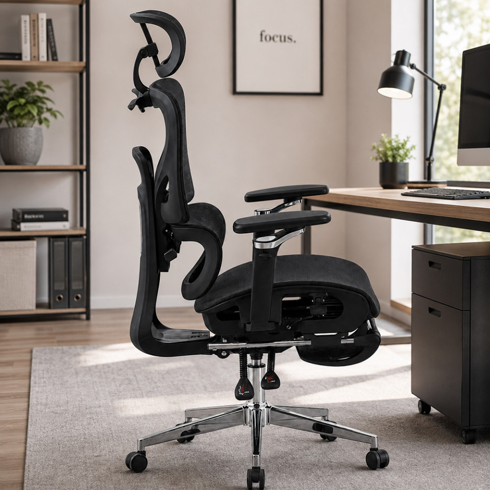 Scaun ergonomic de birou, sezut reglabil pe adancime, cotiere 5d, spatar si tetiera reglabile, suport picioare, mesh culoare negru