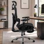 Scaun ergonomic de birou, sezut reglabil pe adancime, cotiere 5d, spatar si tetiera reglabile, suport picioare, mesh culoare negru
