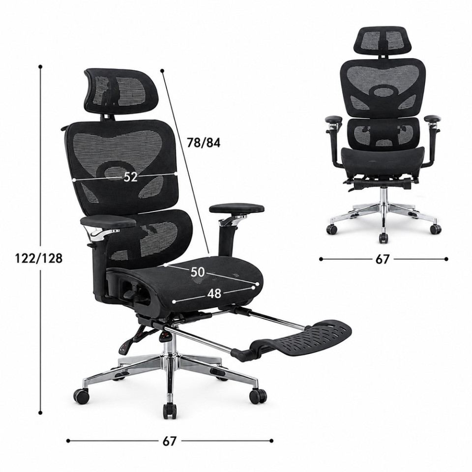 Scaun ergonomic de birou, sezut reglabil pe adancime, cotiere 5d, spatar si tetiera reglabile, suport picioare, mesh culoare negru