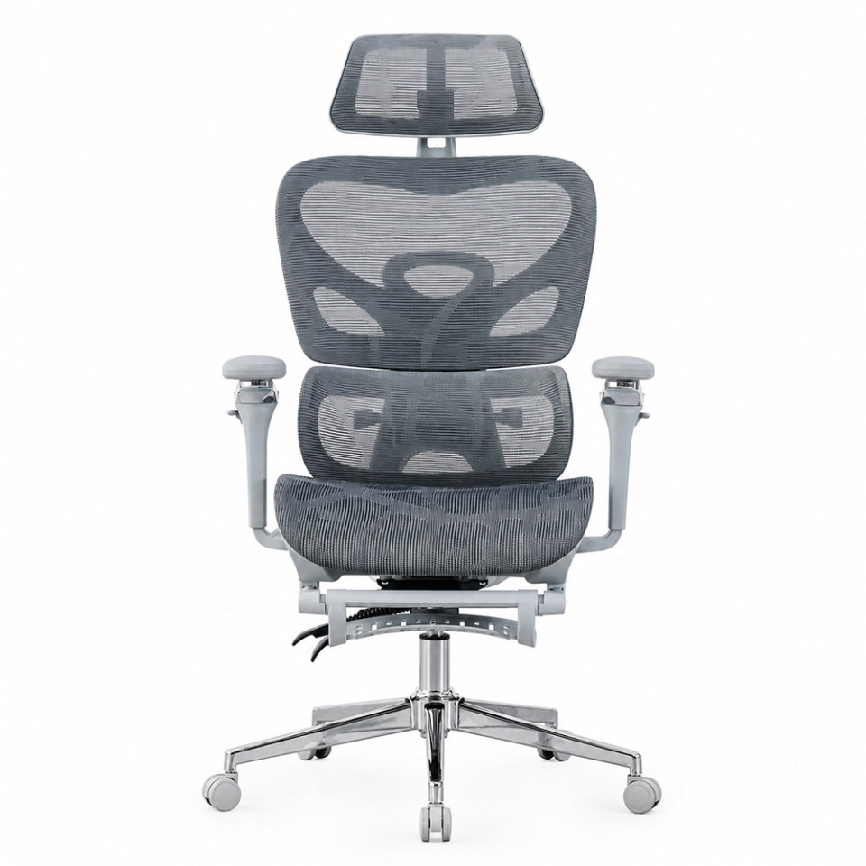 Scaun ergonomic de birou, sezut reglabil pe adancime, cotiere 5d, spatar si tetiera reglabile, suport picioare, mesh culoare gri