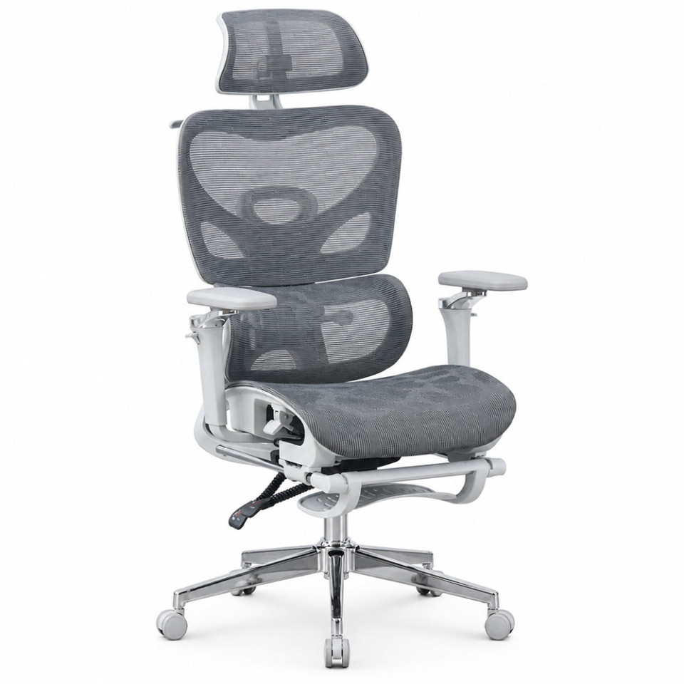 Scaun ergonomic de birou, sezut reglabil pe adancime, cotiere 5d, spatar si tetiera reglabile, suport picioare, mesh culoare gri