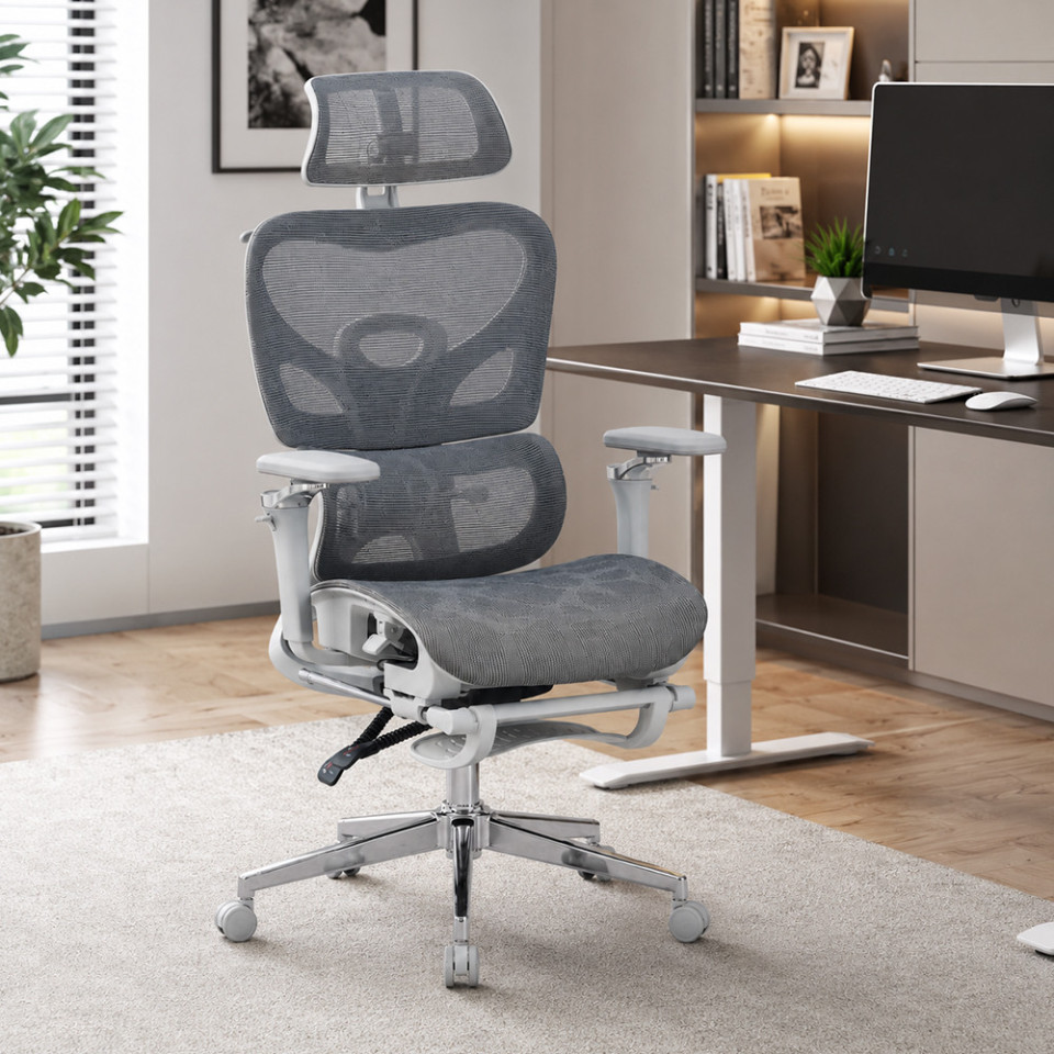 Scaun ergonomic de birou, sezut reglabil pe adancime, cotiere 5d, spatar si tetiera reglabile, suport picioare, mesh culoare gri