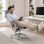 Scaun ergonomic de birou, sezut reglabil pe adancime, cotiere 5d, spatar si tetiera reglabile, suport picioare, mesh culoare gri