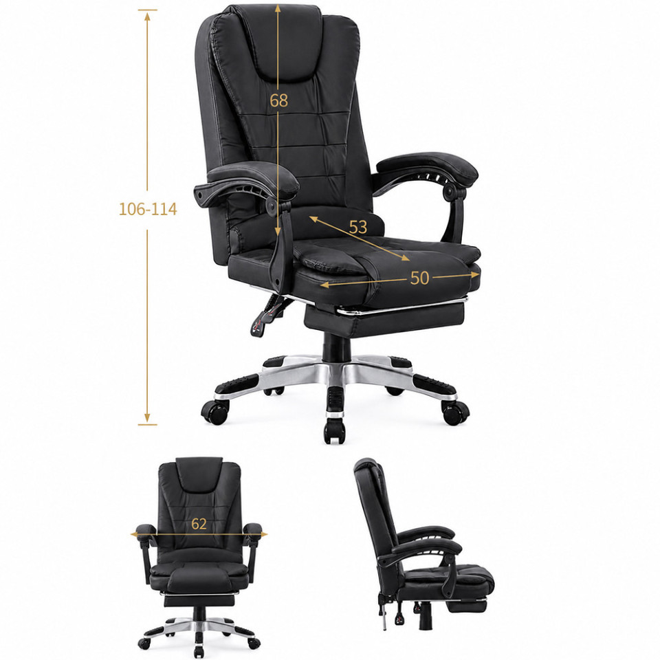 Scaun de birou directorial cu 2 zone de masaj, suport picioare retractabil, spatar inclinabil, piele ecologica, negru