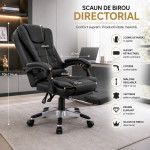 Scaun de birou directorial cu 2 zone de masaj, suport picioare retractabil, spatar inclinabil, piele ecologica, negru