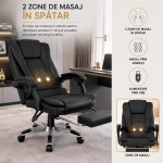 Scaun de birou directorial cu 2 zone de masaj, suport picioare retractabil, spatar inclinabil, piele ecologica, negru