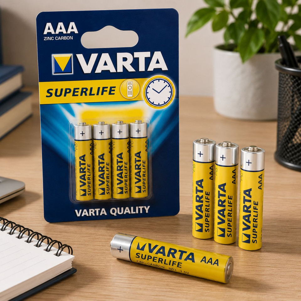Baterii aaa varta superlife 1.5v, zinc-carbon, pentru echipamente de birou si dispozitive electronice, set 4 bucati