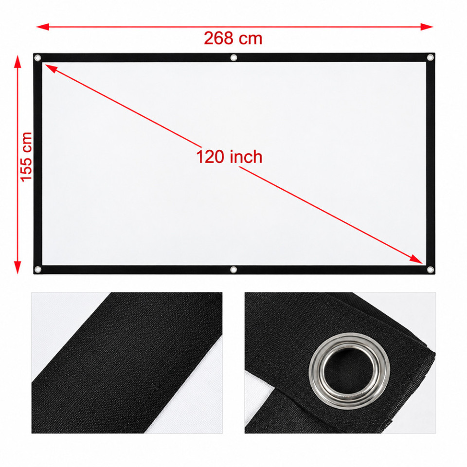Ecran de proiectie 120 inch 16:9 textil, 268x155 cm, portabil, fixare perete