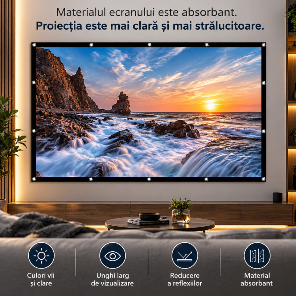 Ecran de proiectie 120 inch 16:9 textil, 268x155 cm, portabil, fixare perete