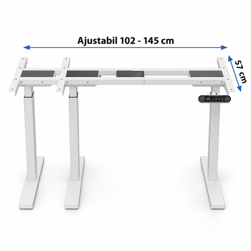 Cadru de birou electric dublu motorizat, inaltime reglabila 64-129 cm, memorare 4 pozitii, lungime 102 - 145 cm
