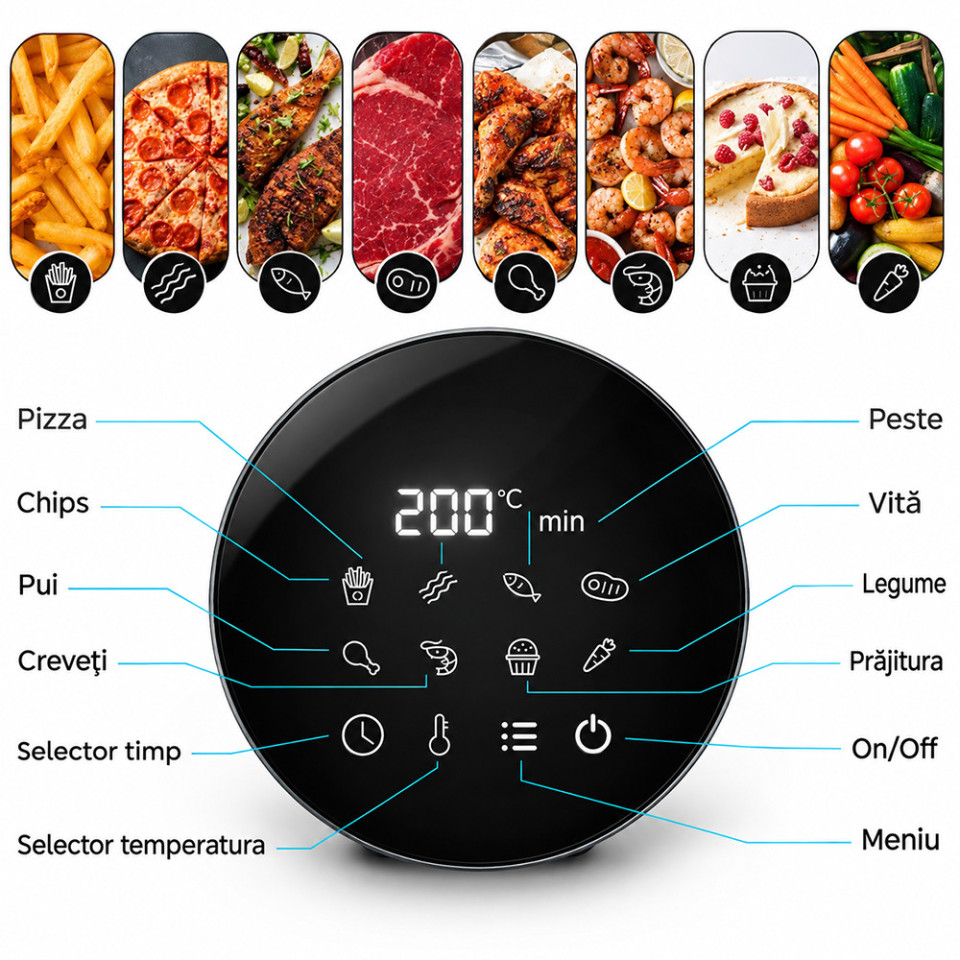 Friteuza cu aer cald airfryer 1200 w, capacitate 2.5 l, display digital led, procart