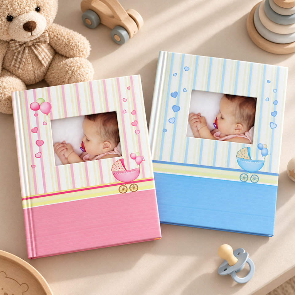 Album foto baby born book, 100 fotografii 10x15 cm, coperta personalizabila, spatiu notite culoare albastru