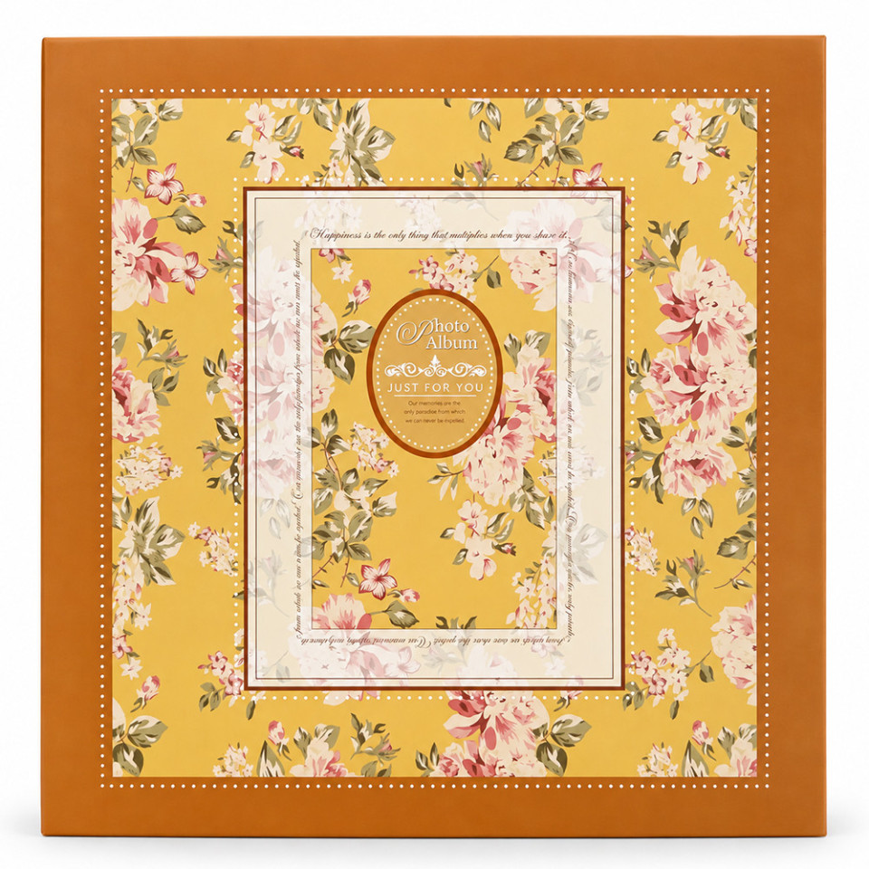 Album foto premium cu cutie, 500 poze 10x15 cm, 50 file, coperta carton gros, model floral vintage, 34x32x6 cm culoare galben