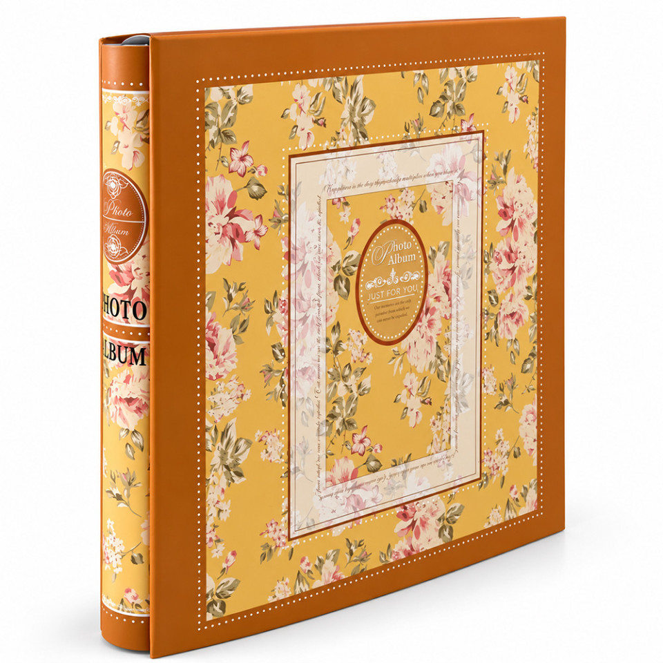 Album foto premium cu cutie, 500 poze 10x15 cm, 50 file, coperta carton gros, model floral vintage, 34x32x6 cm culoare galben