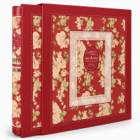 Album foto premium cu cutie, 500 poze 10x15 cm, 50 file, coperta carton gros, model floral vintage, 34x32x6 cm culoare rosu