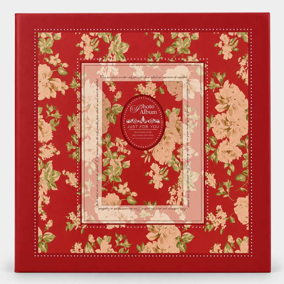 Album foto premium cu cutie, 500 poze 10x15 cm, 50 file, coperta carton gros, model floral vintage, 34x32x6 cm culoare rosu