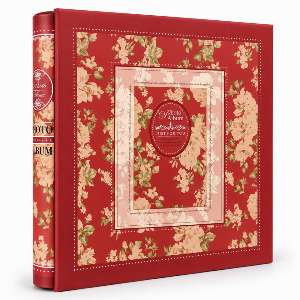 Album foto premium cu cutie, 500 poze 10x15 cm, 50 file, coperta carton gros, model floral vintage, 34x32x6 cm culoare rosu
