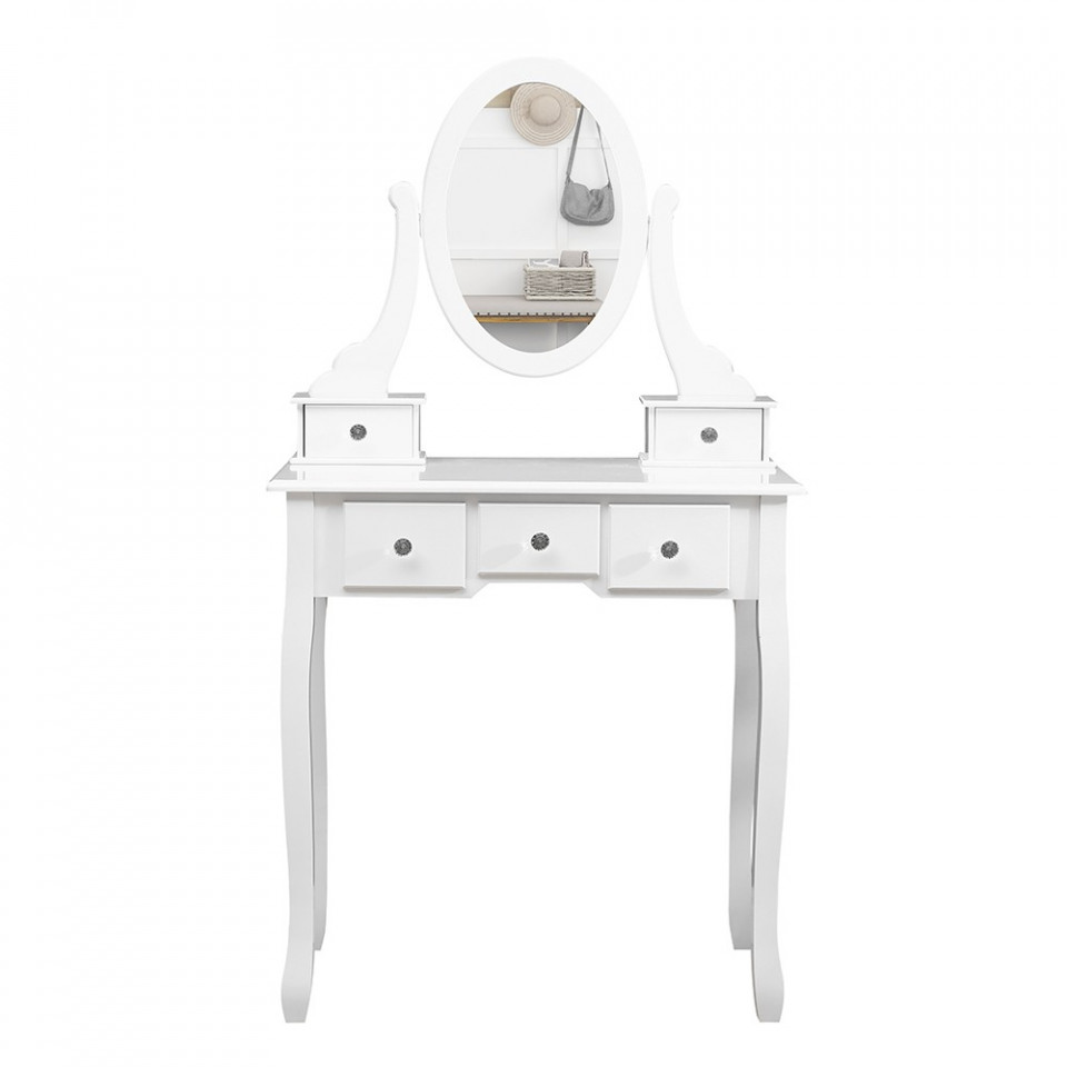 Set masa de toaleta 140x80x40 cm, oglinda si scaun incluse, 5 sertare